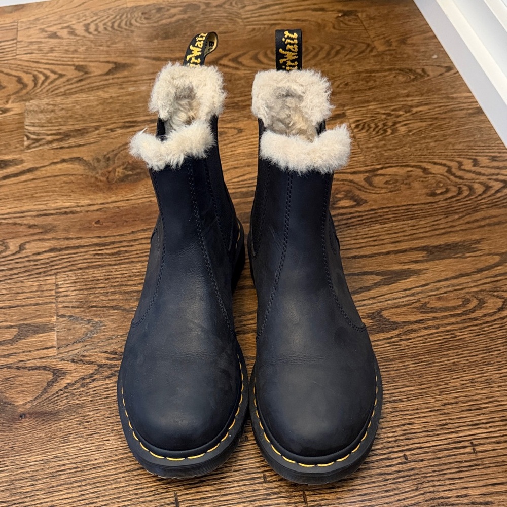 Dr. Martens Black Leather Chelsea Boots with Cream Shearling Cuff